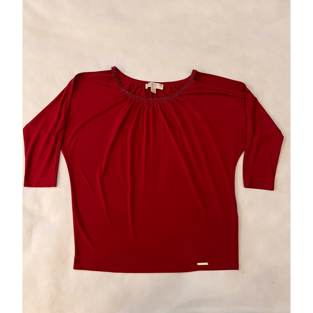Michael Kors Red Embellished Neckline 3/4 Sleeve Dolman Top Women's M NWOT